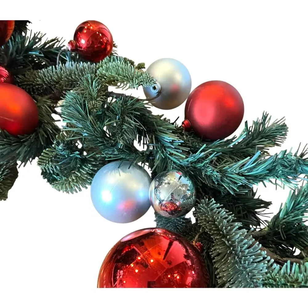 Pottery Barn Christmas Pine Garland Green with Ornament Balls Red Silver 4.5'